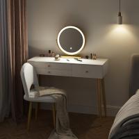 Tocador con luz ajustable con espejo, 3 cajones, con taburete de terciopelo Crema+Oro - details 0
