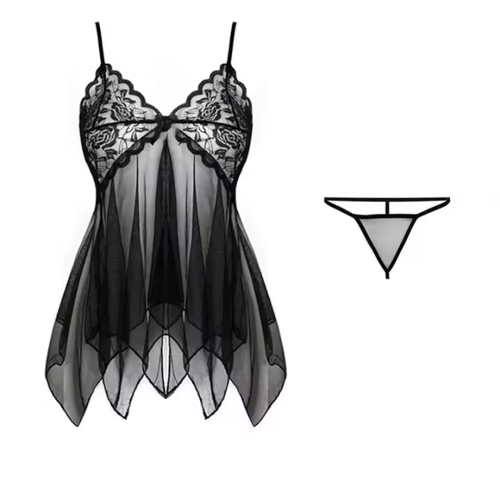 Tirantes de tul exquisitos para mujer, ropa interior de encaje con cuello en V, conjunto de vestido de Tanga semitransparente, camisones de lencería para mujer - 1