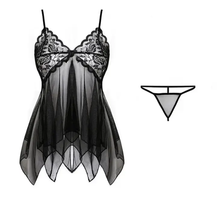 Tirantes de tul exquisitos para mujer, ropa interior de encaje con cuello en V, conjunto de vestido de Tanga semitransparente, camisones de lencería para mujer - 1