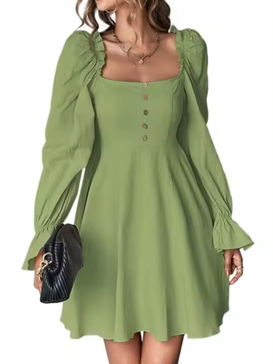 Elegante Vestido de Manga Larga para Mujer Cuello Cuadrado Cintura Ajustada Ropa de Moda Trendy - 1