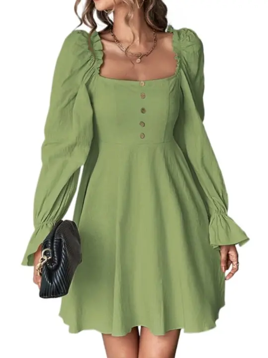 Elegante Vestido de Manga Larga para Mujer Cuello Cuadrado Cintura Ajustada Ropa de Moda Trendy - 1