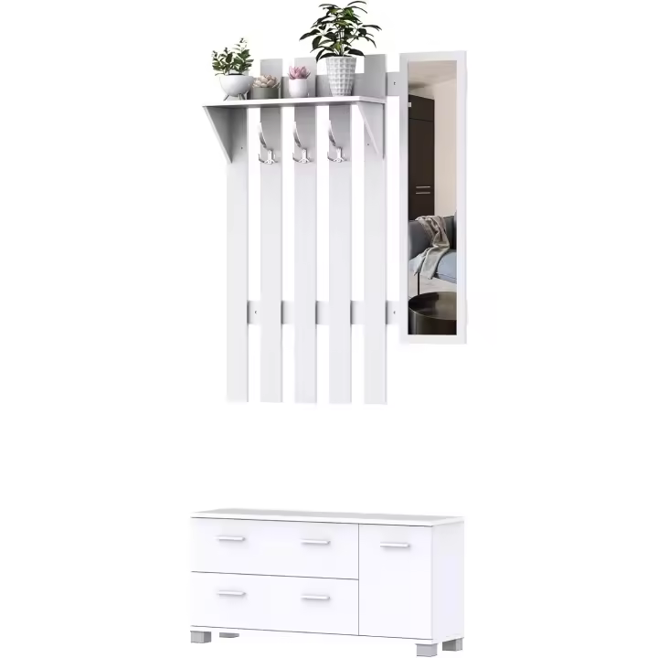 Conjunto de Entrada con Espejo Perchero y Zapatero Muebles de Entrada con 3 Ganchos y 2 Cajones para Pasillo Blanco - 1