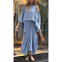 Conjunto informal de 2 piezas para mujer, ribete elegante con cuello redondo, top suelto, conjuntos de falda de encaje irregular, otoño - details 5