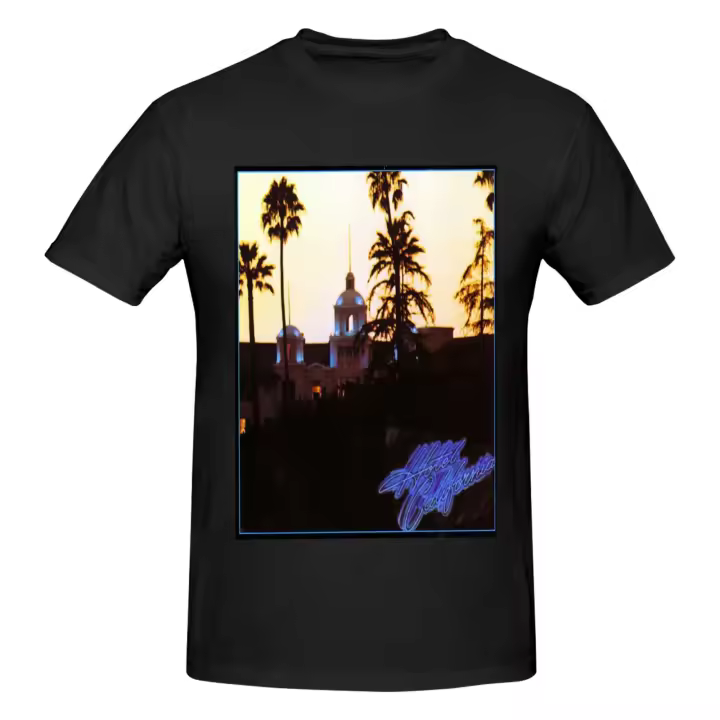 Camiseta de manga corta para hombre, Camisa de algodón, color negro, Eagles Hotel California - 1