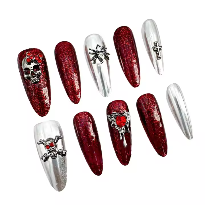 Uñas postizas Rojas plateadas con purpurina, uñas falsas ligeras y fáciles de pegar para vestido de niña caliente a juego - 1
