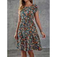 2025 nueva falda de manga corta con cintura elástica estampada elegante para mujer, vestido con cuello en V - details 2