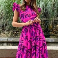 2025 Vestido con colgante de volantes largos y cuello redondo estampado para mujer con dopamina - details 6