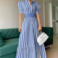 Nuevo vestido largo de manga corta con vuelo amplio y cinturón, estilo europeo y americano, para ir al trabajo. - details 0