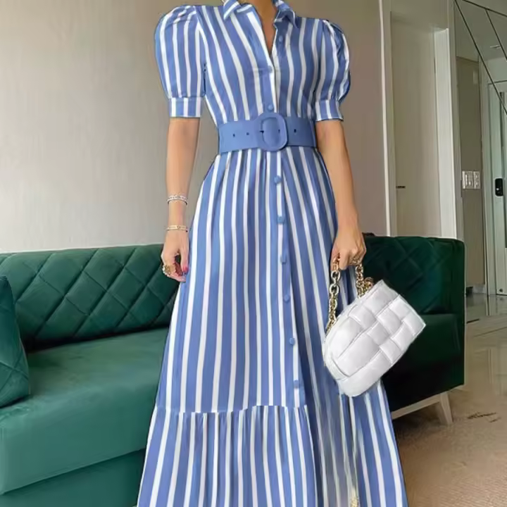 Nuevo vestido largo de manga corta con vuelo amplio y cinturón, estilo europeo y americano, para ir al trabajo. - 1