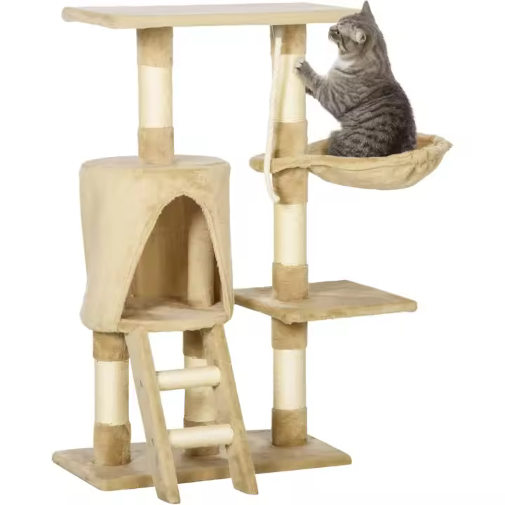 Arbol para Gatos Rascador con Plataforma de Nido Tablero de Madera y Cubierto de Arena Marrón - 1