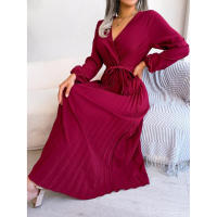 Vestido largo plisado con dobladillo grande para mujer, vestido cruzado de Color liso con cuello en V, moda de primavera y verano - details 26
