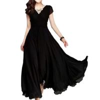 Gran oferta, vestido de noche largo bohemio de Color sólido con manga corta y cuello en V, cintura ajustada - details 14