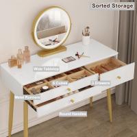 Tocador Maquillaje con Espejo de Luz Regulable en 3 Niveles, Tocador con 3 Cajones, Escritorio Grande 100x40 cm, Silla Ajustable en Respaldo de Terciopelo, Blanco+Crema+Dorado, MB6105ws - details 2