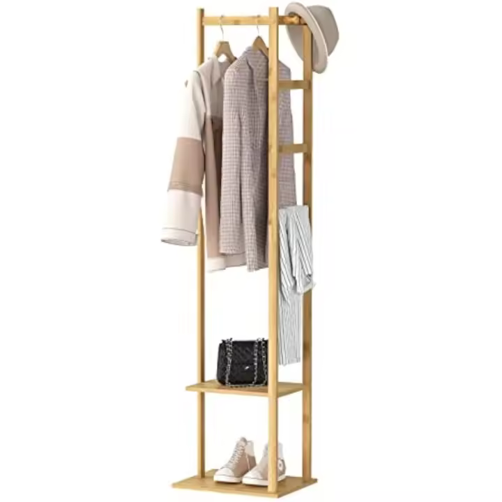 30x 38,2 x 155 CM Perchero de Pie Madera de Bambú: Perchero de Esquina de Árbol de Pasillo con 2 Estantes 3 Ganchos Colgador Ropa Recibidor Independiente para Sombreros Bolsas para Entrada Dormitorio - 1