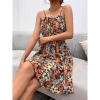 Vestido corto de verano nuevo elegante sin mangas con estampado y correa elástica en la cintura para mujer. - details 20