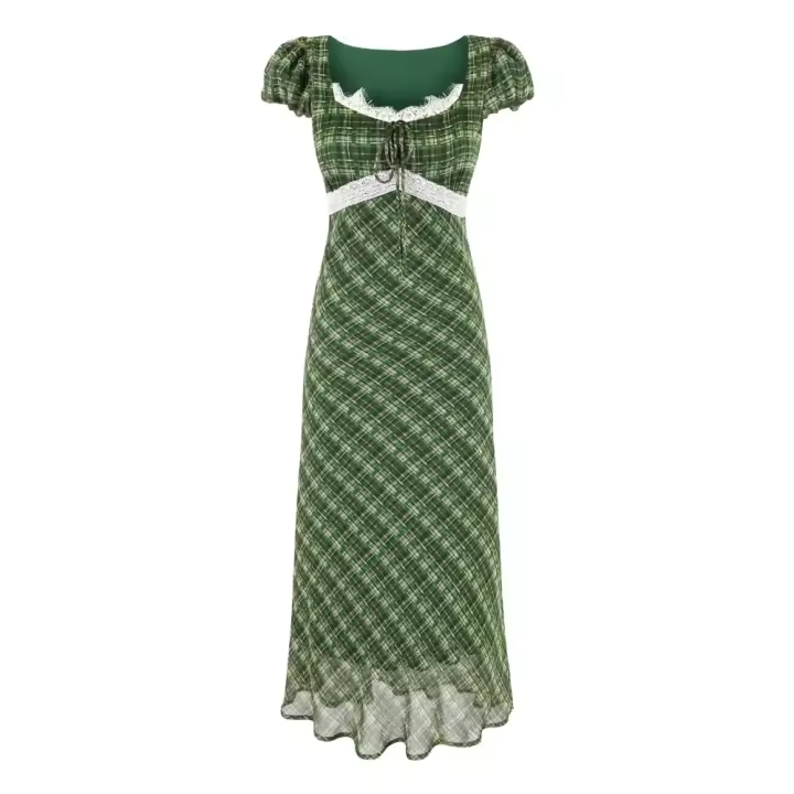 Vestido largo verde de verano estilo Spice Girl, con encaje a cuadros retro francés, estilo vacacional, temperamento, cintura delgada. - 1