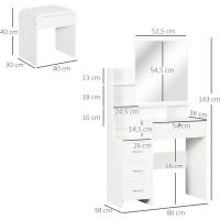 Taburete y Espejo Mesa Maquillaje con 4 Cajones 4 Compartimientos Almacenamiento Estilo Morno 80x38x143 cm Blanco - details 6