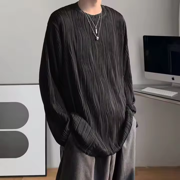 Camiseta de Manga Larga con Pliegues de Textura Blanca para Hombres Moda Casual de Primavera y Otoño Estilo Idle con Cuello Redondo Material de Algodón - 1