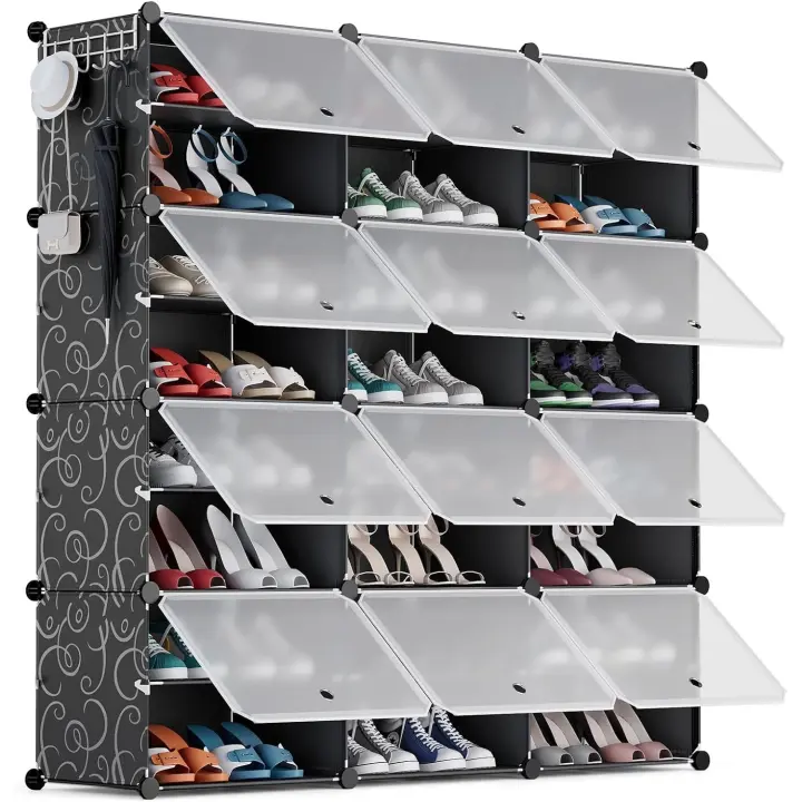 Zapatero, 24 Compartimentos (3 x 8) para 48 Pares, Armario Paneles de Plástico, para Dormitorio Sala de Estar, Recibidores, Negro, Modular, Estantería, 30 x 40 x 30 cm Cada Cubo - 1