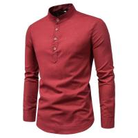 Camisas de manga larga de algodón y lino de primavera y otoño para hombre con cuello alto - details 3