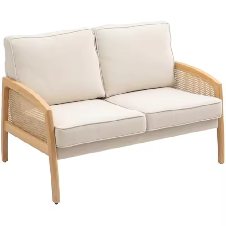 Sofá de 2 plazas tapizado en chenilla, sofá de salón con 2 cojines lavables y reposabrazos de ratán sintético, carga 240 kg, 123x75x88 cm, beige. - 1