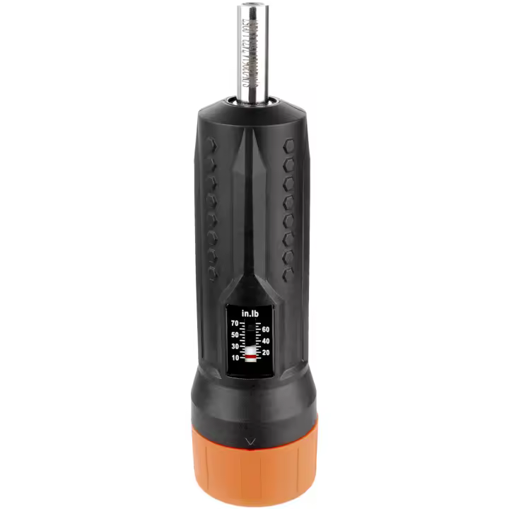 Juego de llaves de destornillador dinamométrico de 1/4" de SucceBuy. Rango de ajuste de torque de 10 - 70 in - lbs con incremento de 1 in - lb. Viene con 12 puntas de conductor, una caja y una ventana de visualización. - 1