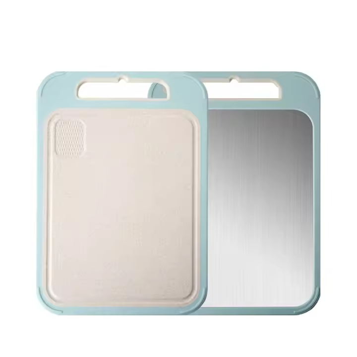 Tabla de cortar de doble cara Tabla de cortar de acero inoxidable 304 y tabla de cortar de pasto de trigo para cocina 13.78 X 9.84 pulgadas, adecuada para frutas, verduras, carne 1 pieza (azul) - 1