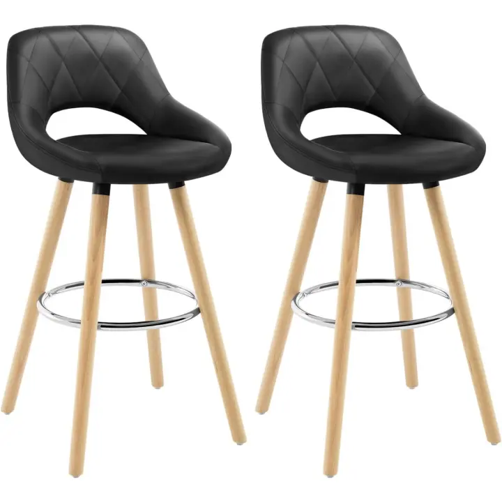 Juego de Taburetes de Cocina Alto 2 Piezas con Resalto y Reposapiés Taburetes Barrios para Bistro, Cafetería y Cocina Funda de Piel Sintética y Patas de Madera Gris - 1