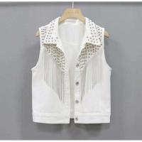 Chaqueta corta para mujer, novedad de 2023, chaleco vaquero con borlas, encaje blanco y negro con una hilera de botones, chaqueta sin mangas - details 13