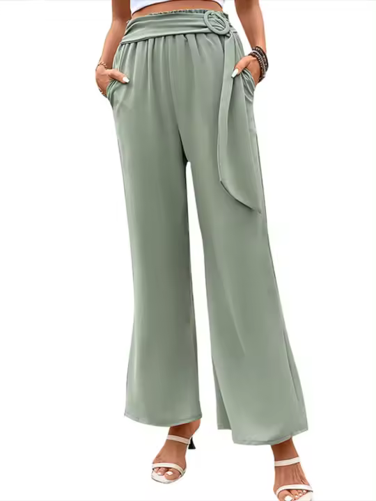 Pantalones acampanados sólidos de cintura alta de verano cómodos y sueltos elegantes para mujer - 1