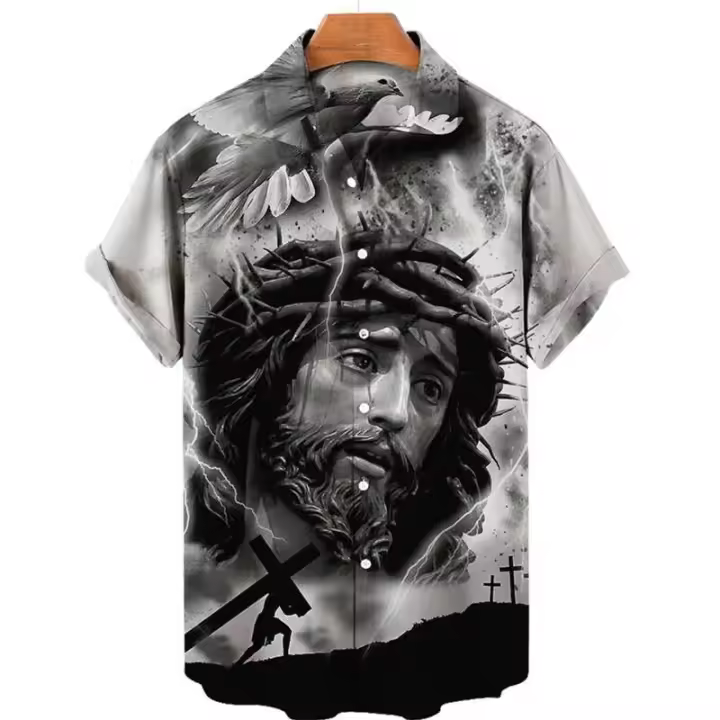 Camisas hawaianas con estampado 3D de Dios, Jesús y María para hombre, pantalón corto informal de manga larga, camiseta, ropa superior, blusas con botones - 1
