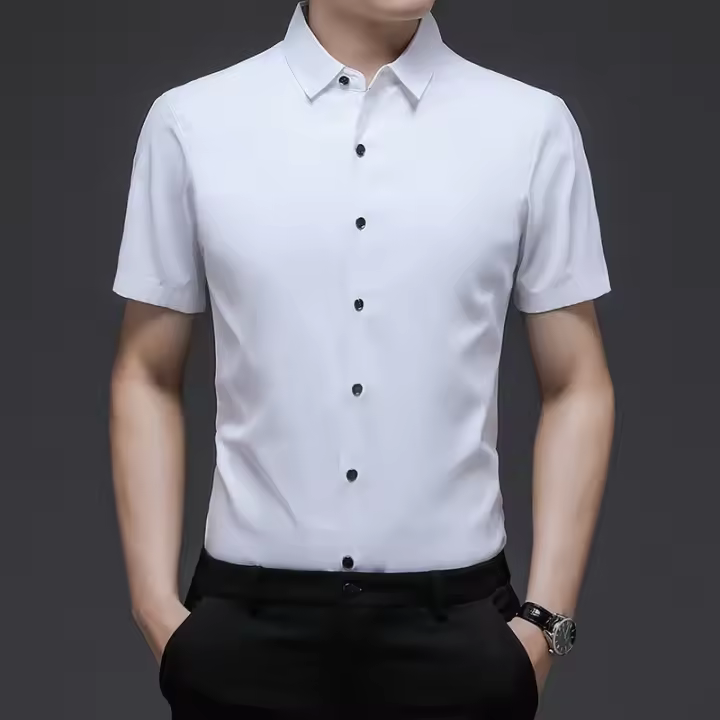 Camisa de verano de color sólido ajustada informal de negocios sin hierro camisa de manga corta ropa profesional para hombres - 1