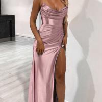 Vestido largo de noche con cuello descubierto para mujer, traje de satén sin mangas, informal, para fiesta - details 2