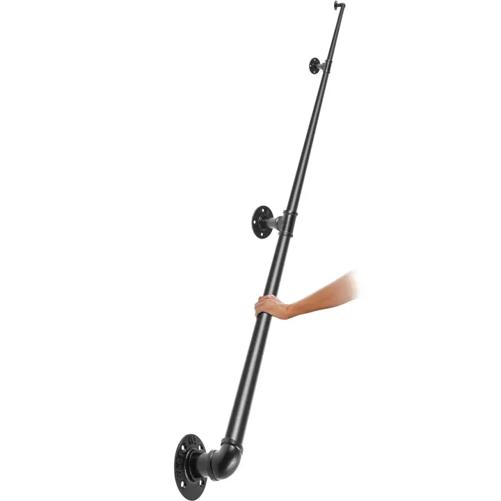 SucceBuy Pasamanos de escalera de tubo de 9 pies, capacidad de carga de 440 libras, acero al carbono, pasamanos de tubo industrial con soporte de montaje en pared, esquina redonda, interior/exterior, negro - 1