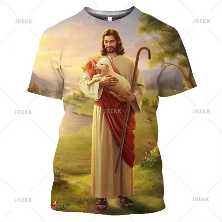 Camiseta cristiana de Jesús Dios para hombre, camiseta de manga corta con estampado 3d de verano para mujer y niño, camiseta Vintage transpirable, ropa - 1