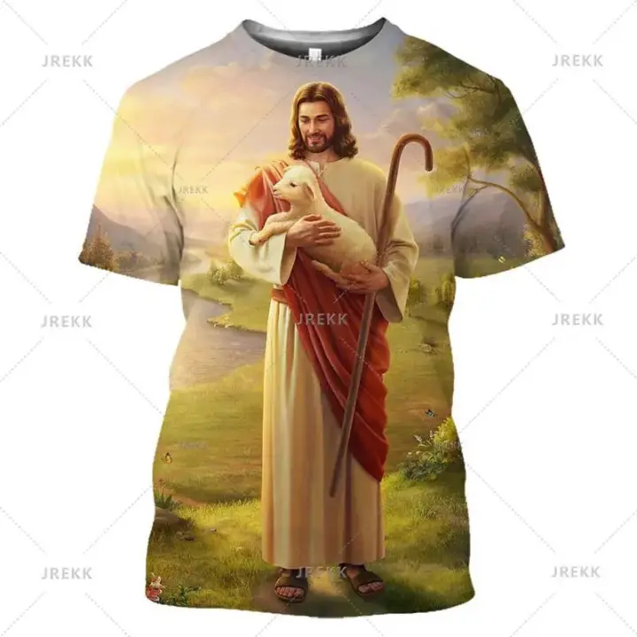 Camiseta cristiana de Jesús Dios para hombre, camiseta de manga corta con estampado 3d de verano para mujer y niño, camiseta Vintage transpirable, ropa - 1