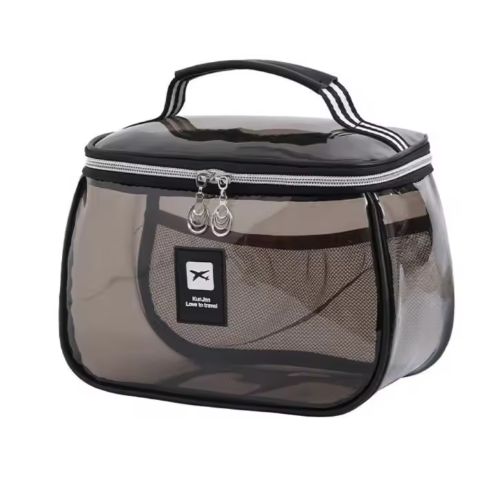 Bolsa de cosméticos de PVC transparente portátil, bolsa de maquillaje transparente impermeable de mano, organizador de almacenamiento de artículos de tocador de gran capacidad de PVC para mujer - 1