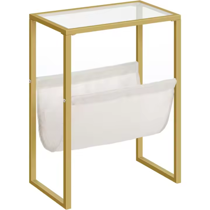 HOOBRO Mesa Auxiliar Estrecha, Mesa Auxiliar con Cristal Templado y Revistero de Tela, Mesa Decorativa Pequeña de Café, para Espacios Reducidos, Dormitorio, Salón, Estilo Moderno, Dorado EGD66BZ01 - 1
