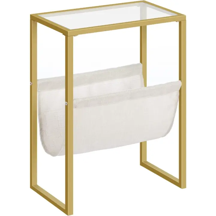 HOOBRO Mesa Auxiliar Estrecha, Mesa Auxiliar con Cristal Templado y Revistero de Tela, Mesa Decorativa Pequeña de Café, para Espacios Reducidos, Dormitorio, Salón, Estilo Moderno, Dorado EGD66BZ01 - 1