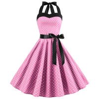 Vintage Women Summer Polka Dot Print Halter Party Dresses - details 23