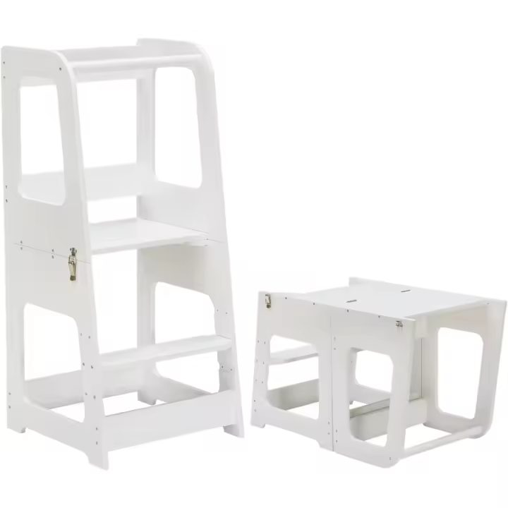 Torre Aprendizaje Plegable Montessori 2 en 1 Convertible en Mesa y Silla, Ayudante de Cocina de Madera, - 1