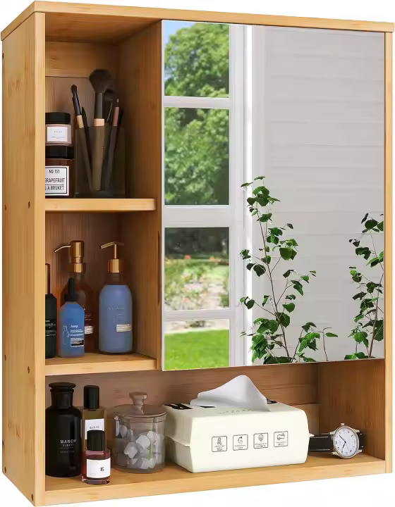 Gabinete de Espejo de baño montado en la Pared, botiquín de Ahorro de Espacio de bambú, gabinete de Pared sobre Inodoro con Puerta de Espejo y Estante Ajustable (Nogal) - 1