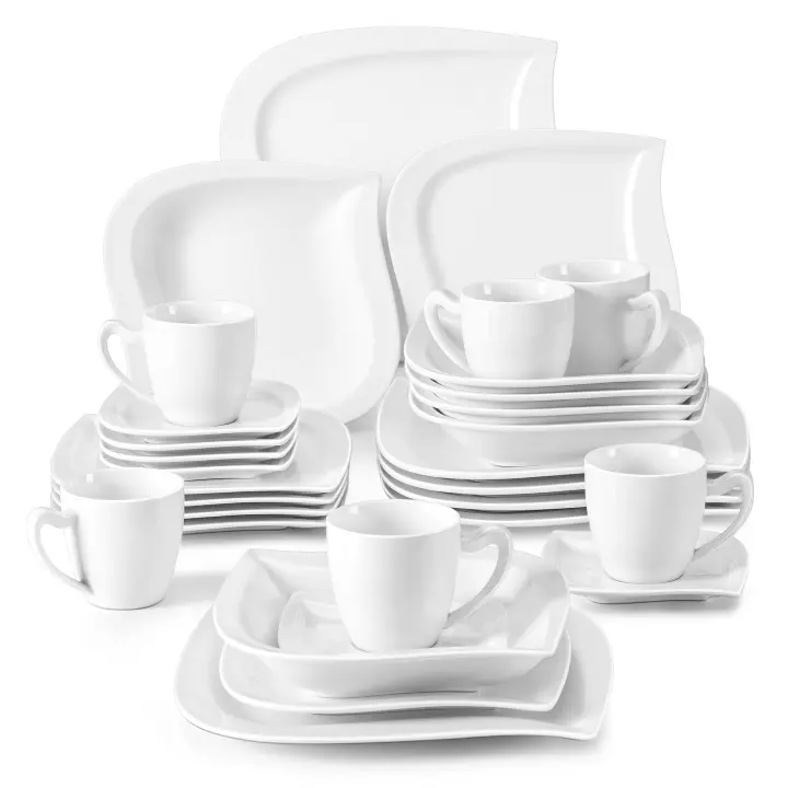 MALACASA Platos de Cena Elvira de Cerámica Blanca 30/60 Piezas con Tazas Sopas Dulces Platos de Sopa Utensilios de Cocina para 6/12 Adecuados para Todas las Estaciones - 1