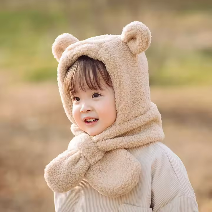 Gorro de lana cálido para niños, bufanda con capucha, cordón para esquí al aire libre con cuello de lana de cordero - 1