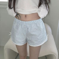 Pantalones cortos básicos cómodos e informales sueltos con botones de cintura elástica tejidos a rayas de verano para mujer - details 40