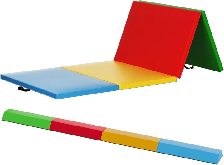 BalanceFrom Fiess Estera de ejercicio multiusos de 96 x 48 pulgadas incluida con juego de actividades gimnásticas plegable con viga de equilibrio de 8 pies, multicolor - 1