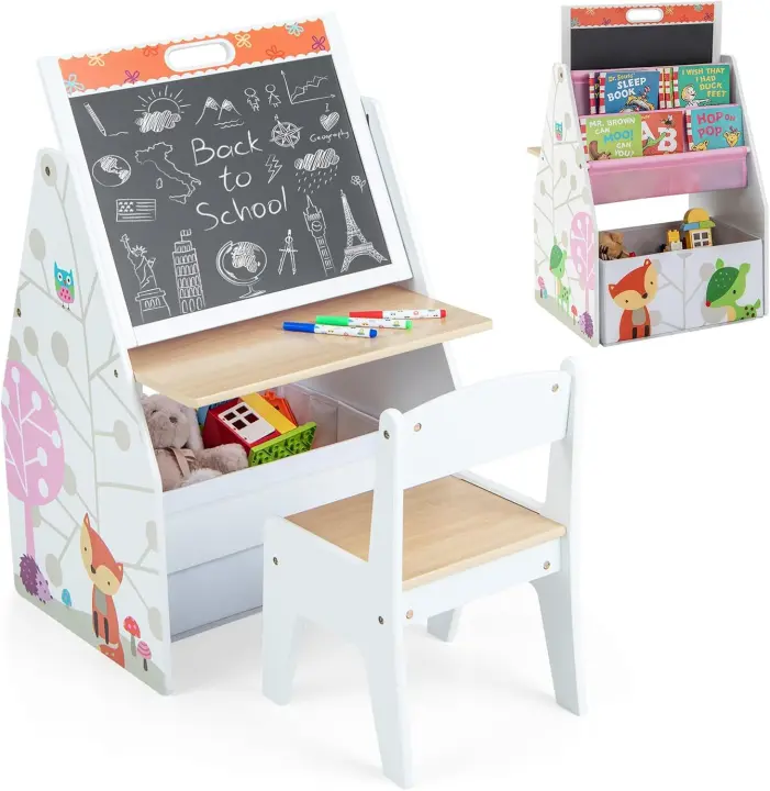 Juego de mesa para niños con silla, juego de mesa 3 en 1 con pizarra para pintar y espacio de almacenamiento, juego de escritorio infantil de madera (blanco) - 1