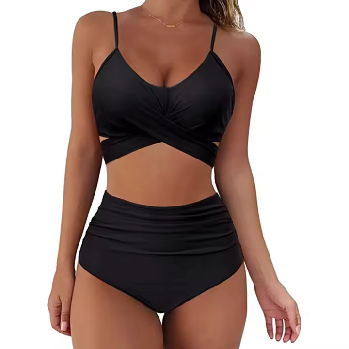 Traje de baño de mujer dividido de cintura alta Traje de baño de bikini multicolor con estampado de halter cruzado - 1