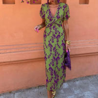 Vestido de manga corta con cuello en V, ajustado, elegante y largo con estampado de bloques de color de moda para mujer, primavera 2025 - details 4