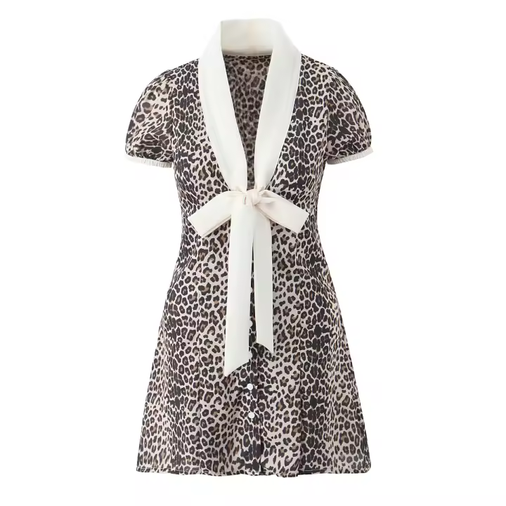 Vestido Mini de Verano con Estampado de Leopardo Manga Abullonada, Cuello en V, Lazo, Moda para Mujeres 2025 - 1